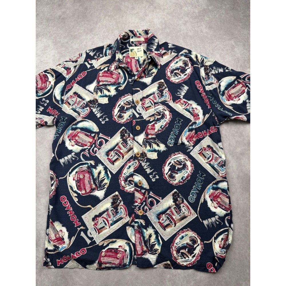 ME Sport Monaco Grand Prix Classic Race Car Print Rayon Shirt Men M Black Retro